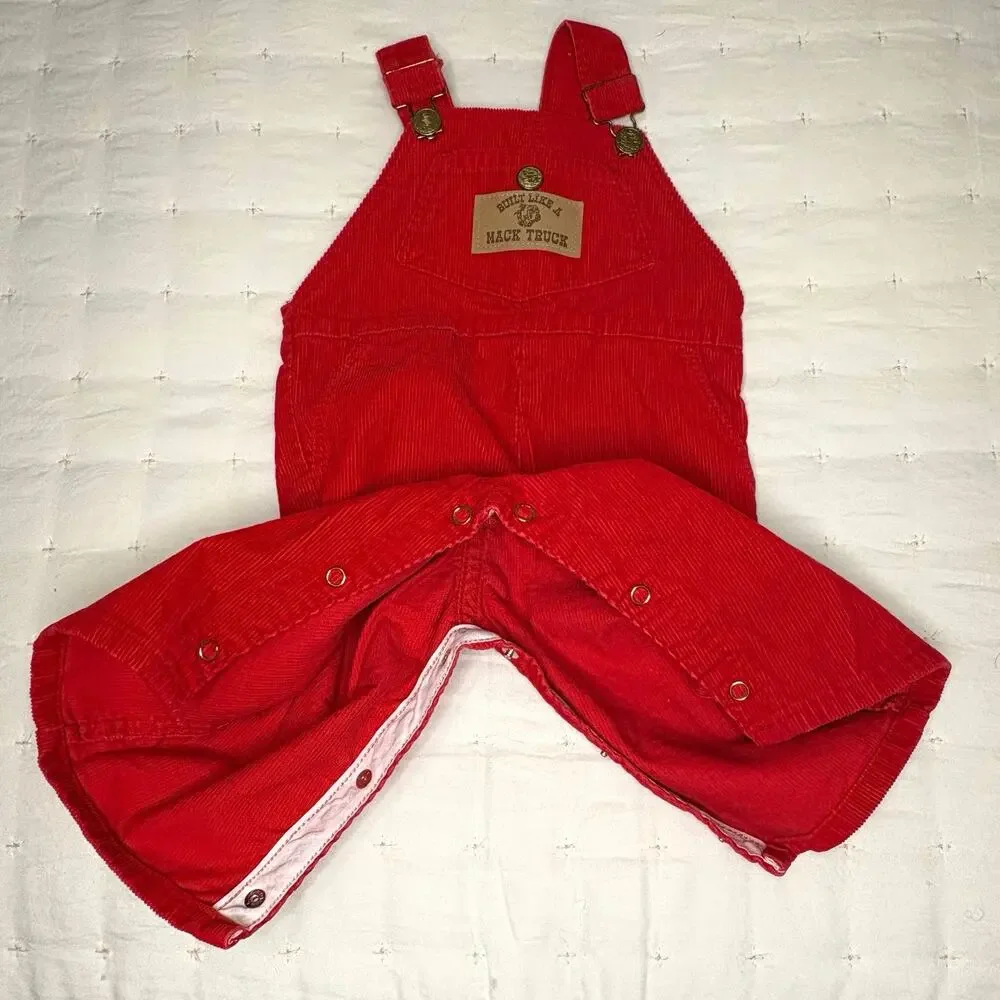 Vintage OshKosh B’Gosh Corduroy Overalls Boys 9M Red Mack Truck
